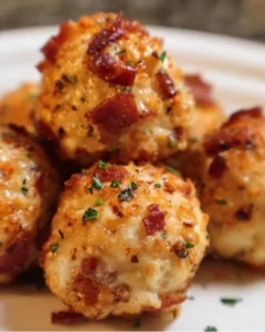Plate of Mini Bacon Ranch Cheeseballs served as a party appetizer
