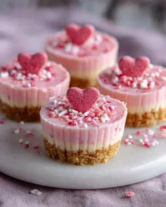 Mini pink cheesecakes topped with colorful M&M's on a platter