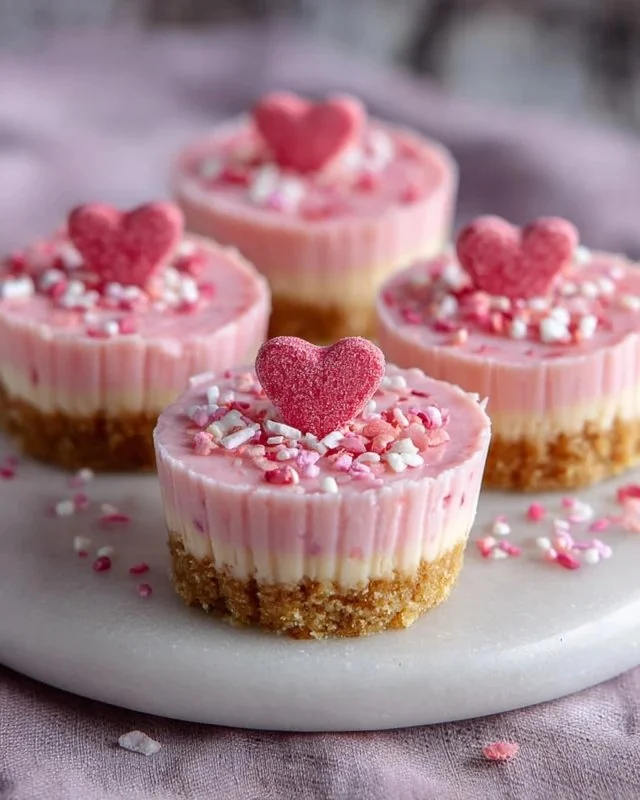 Mini pink cheesecakes topped with colorful M&M's on a platter
