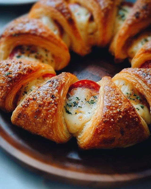 Mozzarella pepperoni croissant rolls fresh out of the oven