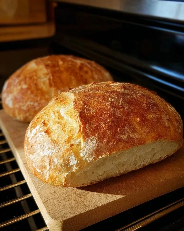Two loaves of homemade peasant bread cooling on a wire rack.