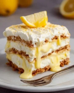 No-Bake Lemon Icebox Cake with slices and lemon garnish