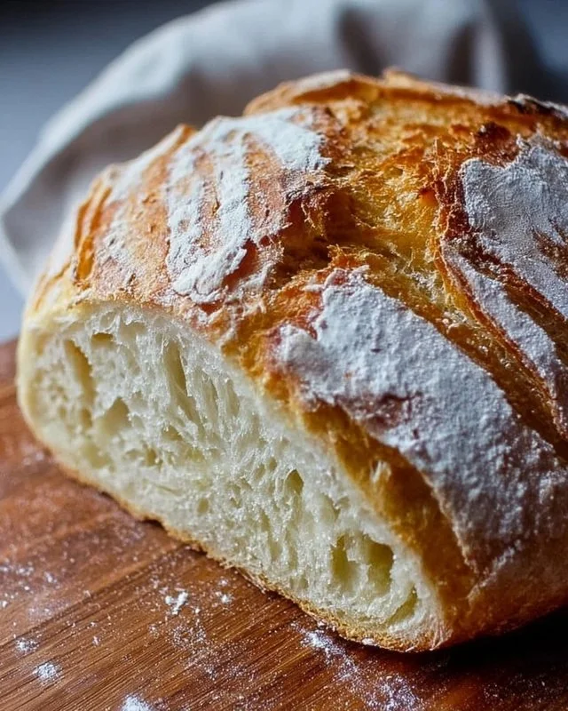 Freshly baked no-knead artisan bread cooling on a rack