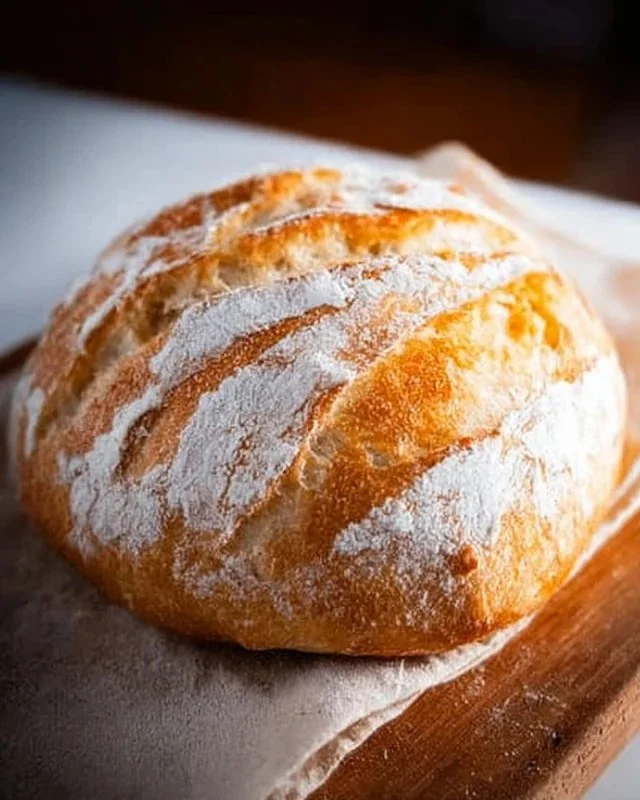 Freshly baked no-knead artisan bread loaf on a wooden table