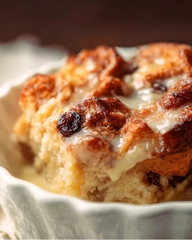 Delicious old fashioned bread pudding served with sauce