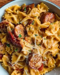 One Pot Creamy Cajun Sausage Pasta dish served in a bowl