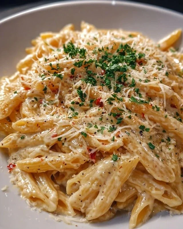 One Pot Creamy Garlic Pasta dish with rich sauce and garlic flavor