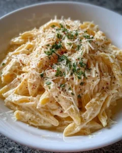 Bowl of one pot creamy garlic pasta with herbs and parmesan cheese.