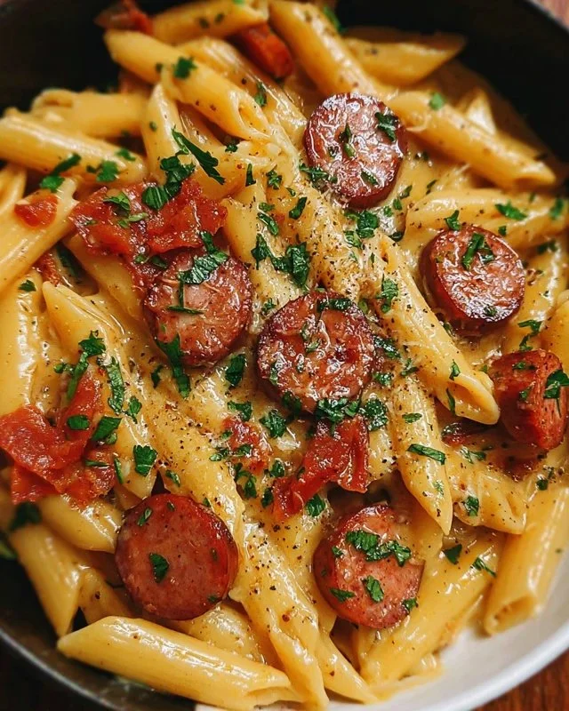 One Pot Kielbasa Pasta served in a bowl with fresh herbs and parmesan cheese