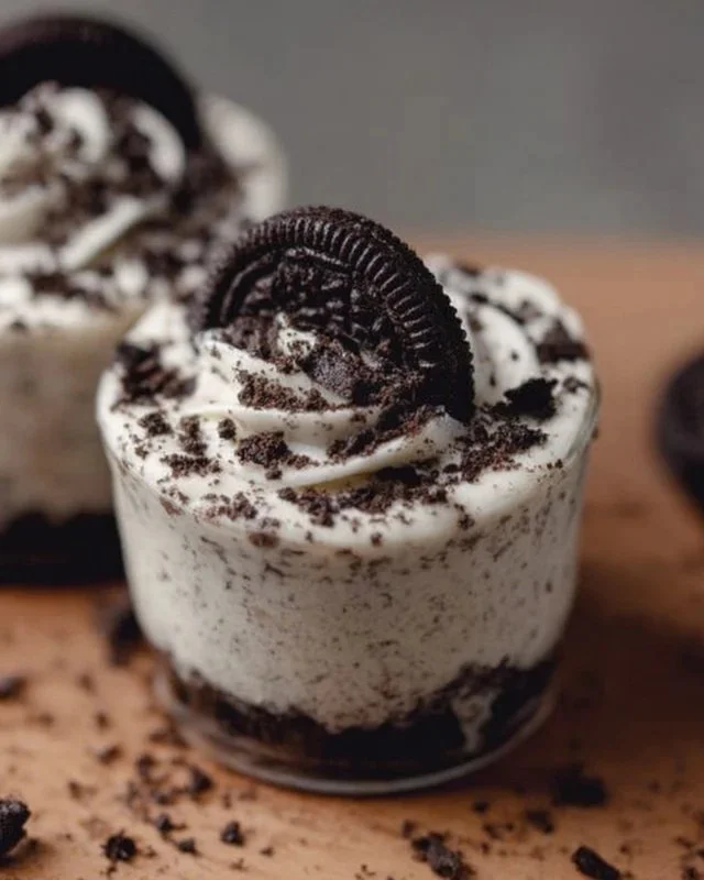 Delicious Oreo no-bake cheesecake cups served in elegant dessert cups.