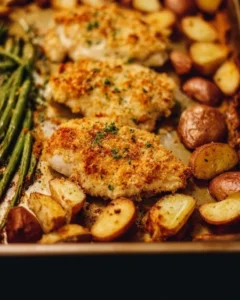 Parmesan Crusted Chicken Sheet Pan Dinner with vegetables