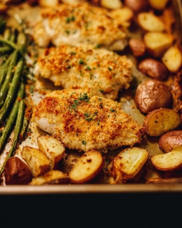 Parmesan Crusted Chicken Sheet Pan Dinner with vegetables