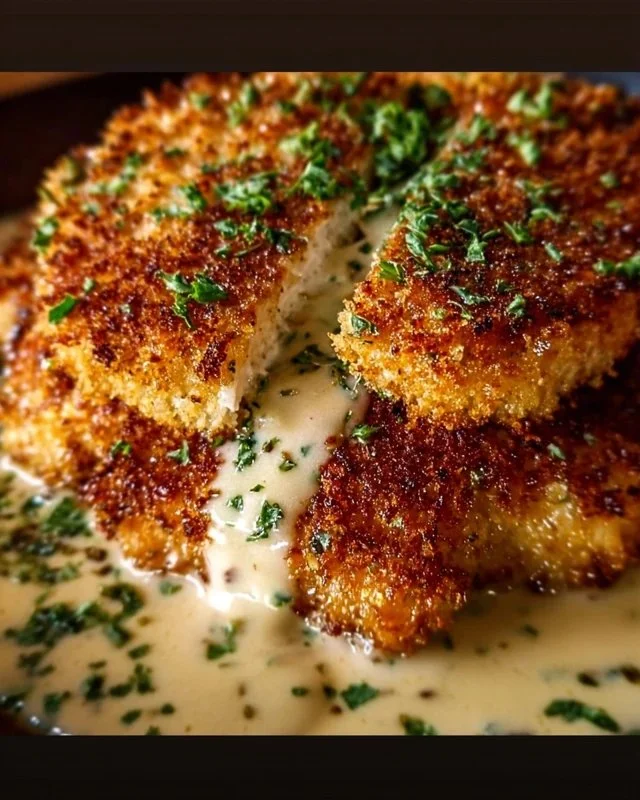 Parmesan Crusted Chicken served with creamy garlic sauce in a plate