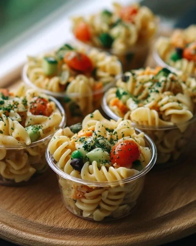 Colorful Pasta Salad Cups topped with vegetables and dressing.