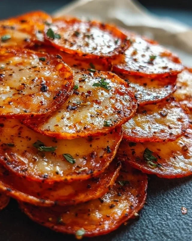 Homemade pepperoni cheese crisps ready to be served as a snack