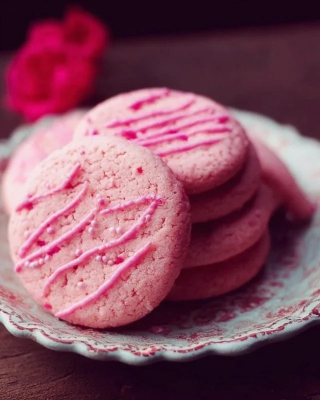 Delicious pink velvet sugar cookies decorated with icing.