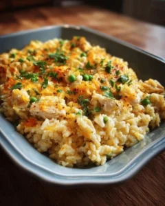 Pioneer Woman Chicken Rice Casserole topped with cheese and herbs in a baking dish