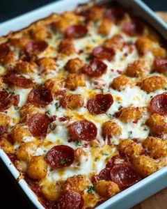 Delicious Pizza Tot Casserole with melted cheese and crispy tater tots