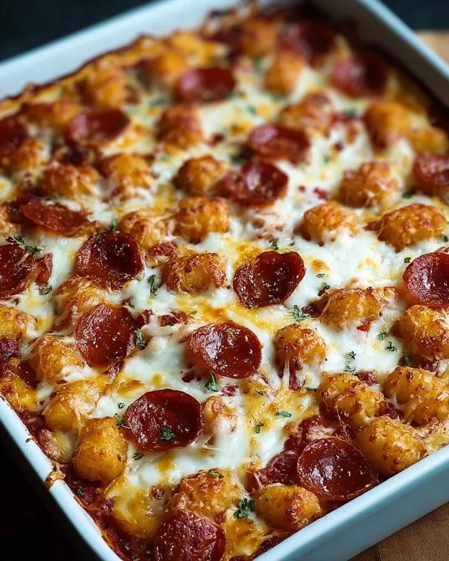 Delicious Pizza Tot Casserole with melted cheese and crispy tater tots