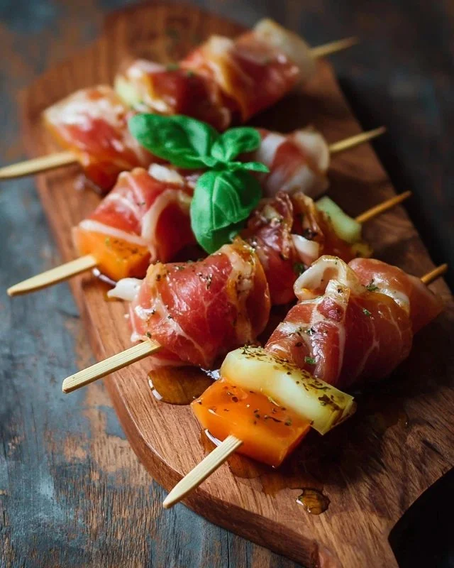 Delicious prosciutto skewers served with mellow ingredients on a platter.