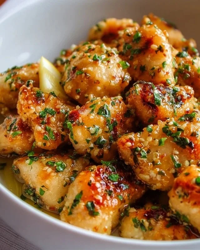 Plate of quick lemon garlic chicken bites garnished with herbs