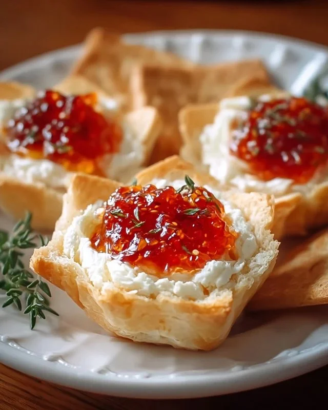 Quick pepper jelly cream cheese dip served with crackers for appetizers