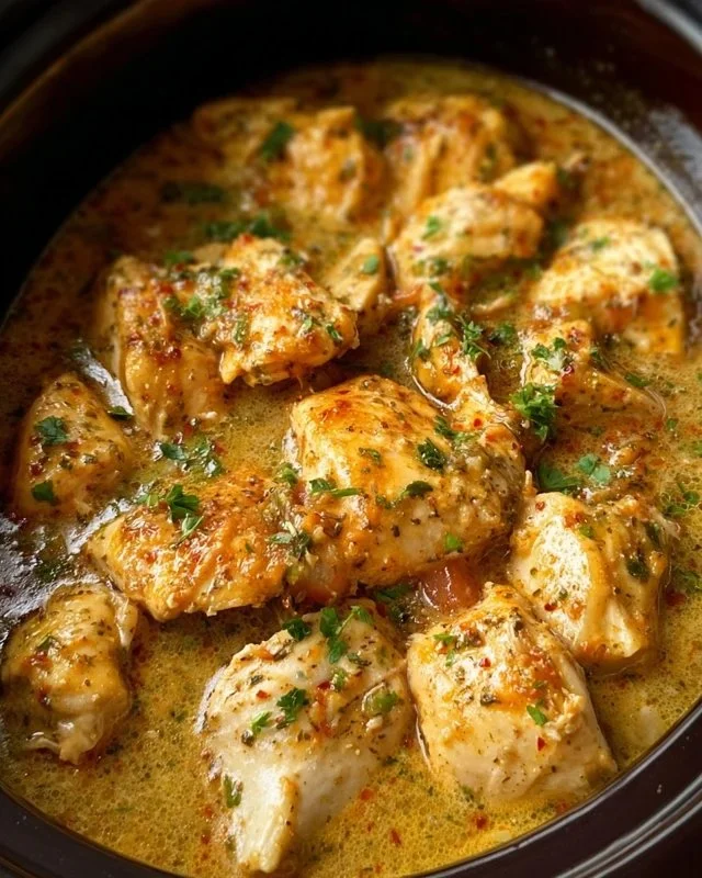 Delicious Ranch Chicken simmering in a crock pot for easy meal preparation