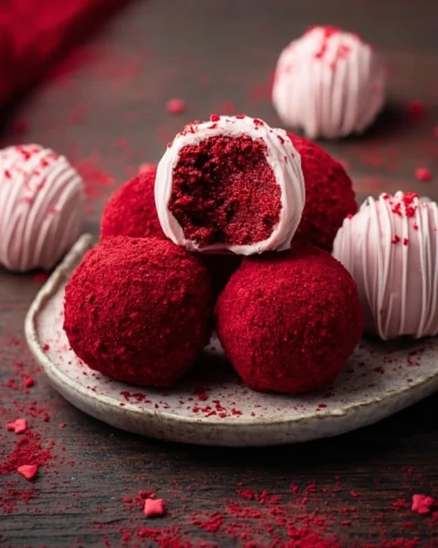 Delicious homemade red velvet truffles crafted with cream cheese frosting.