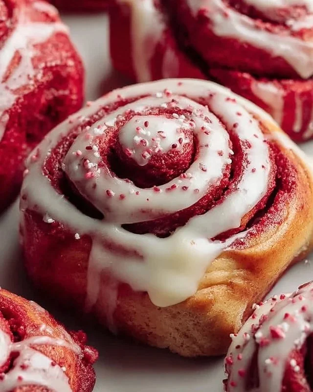 Delicious red velvet cinnamon rolls with cream cheese icing for Valentine's Day