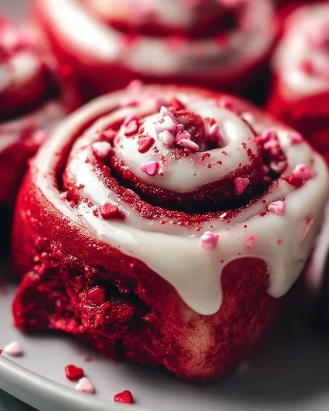 Red velvet cinnamon rolls drizzled with cream cheese icing for Valentine's Day