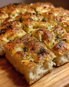 Freshly baked same day focaccia bread, golden brown and fluffy