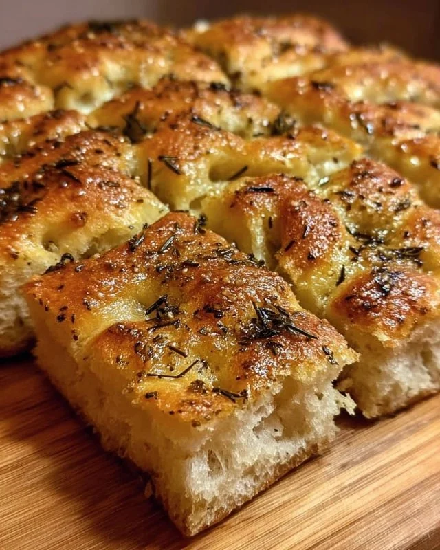 Freshly baked same day focaccia bread, golden brown and fluffy