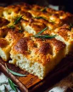 Freshly baked same day sourdough focaccia bread topped with herbs