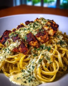 Savory Cajun Chicken with creamy garlic parmesan linguine served on a plate