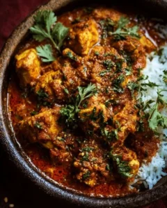 Delicious Chicken Bhuna served with rice, showcasing rich Indian spices.