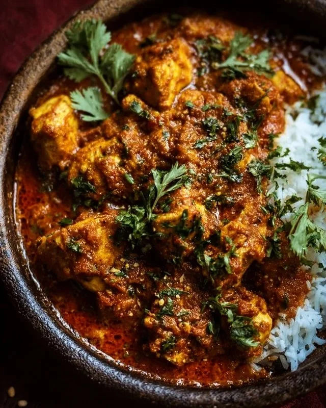 Delicious Chicken Bhuna served with rice, showcasing rich Indian spices.