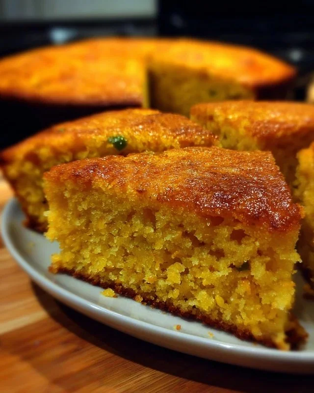 Delicious slice of the best Creole cornbread served on a rustic wooden board.