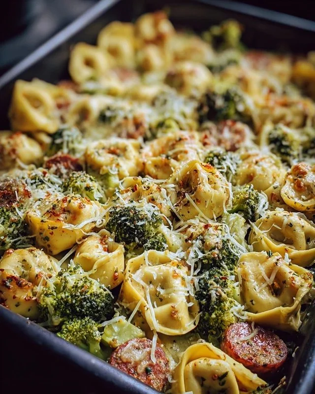Sheet Pan Broccoli Tortellini Bake with vegetables and cheese
