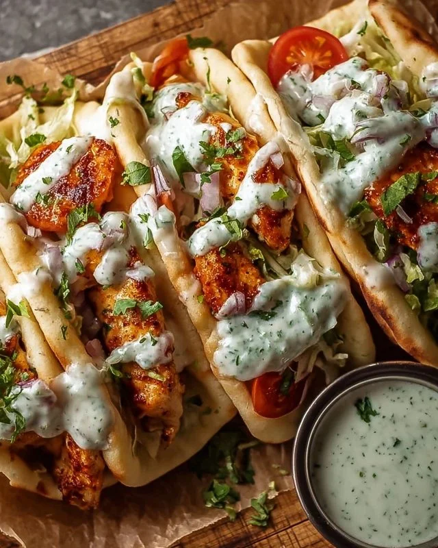 Sheet pan chicken pitas served with herby ranch dressing