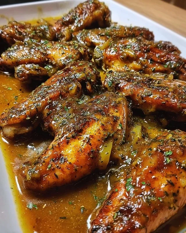 Delicious smothered turkey wings served with rich gravy on a rustic table.