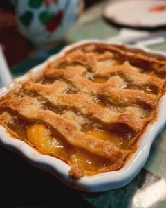 Delicious homemade Southern Peach Cobbler with fresh peaches and golden crust