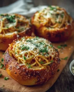 Spaghetti garlic bread bowls filled with spaghetti and topped with cheese and herbs.