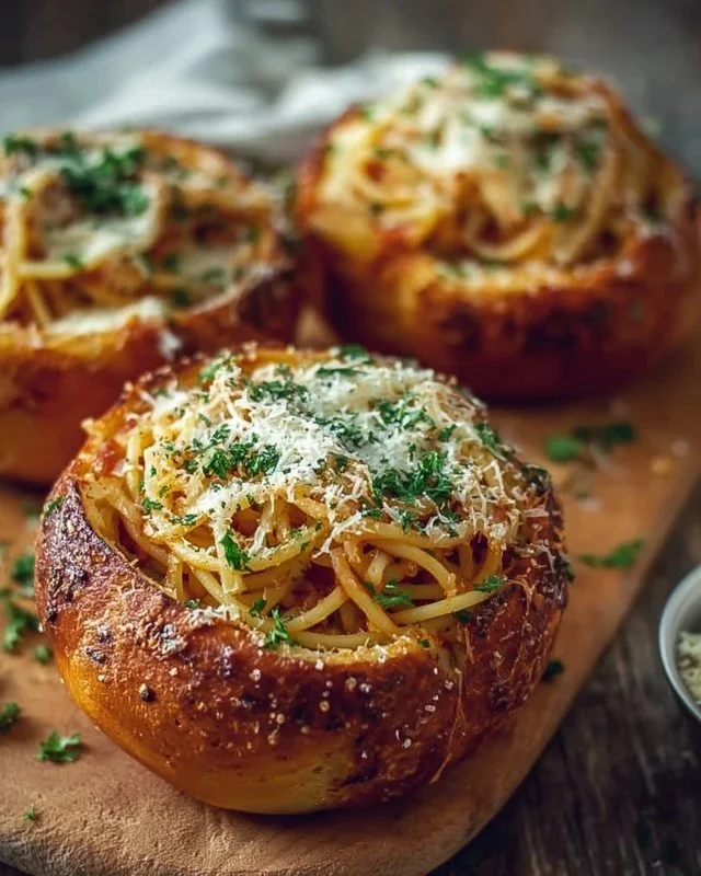 Spaghetti garlic bread bowls filled with spaghetti and topped with cheese and herbs.