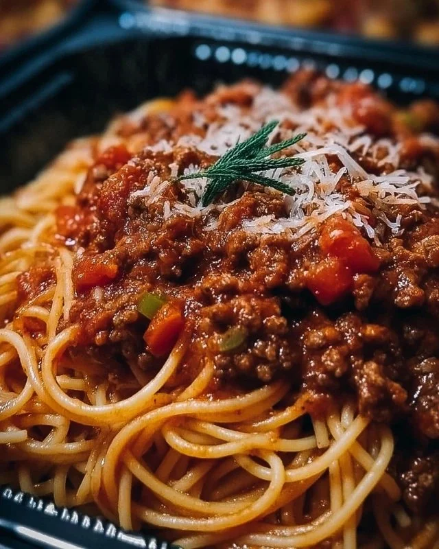 Bowl of spaghetti topped with hearty meat sauce and fresh herbs