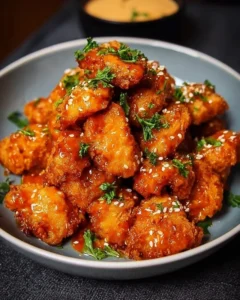 Spicy Bang Bang Chicken garnished with fresh herbs on a plate