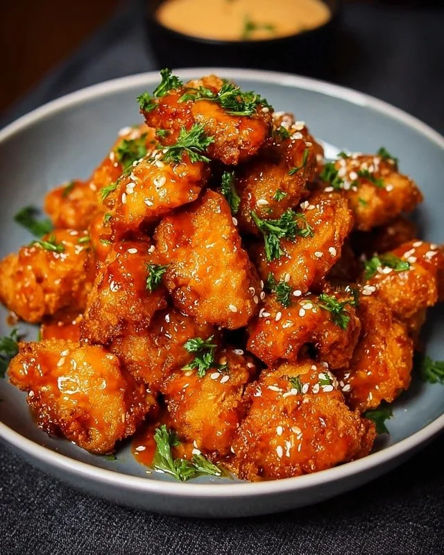 Spicy Bang Bang Chicken garnished with fresh herbs on a plate