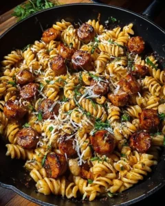 Sticky Honey Garlic Sausage Pasta Skillet - a delectable one-pan dish