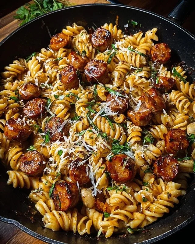 Sticky Honey Garlic Sausage Pasta Skillet - a delectable one-pan dish