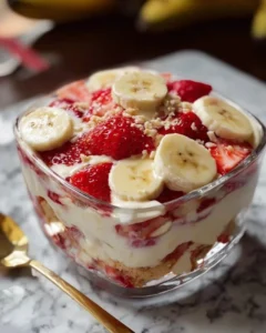 Delicious strawberry banana pudding dessert in a glass topped with fresh strawberries.