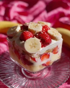 Delicious strawberry banana pudding served in a bowl with fresh strawberries and bananas.